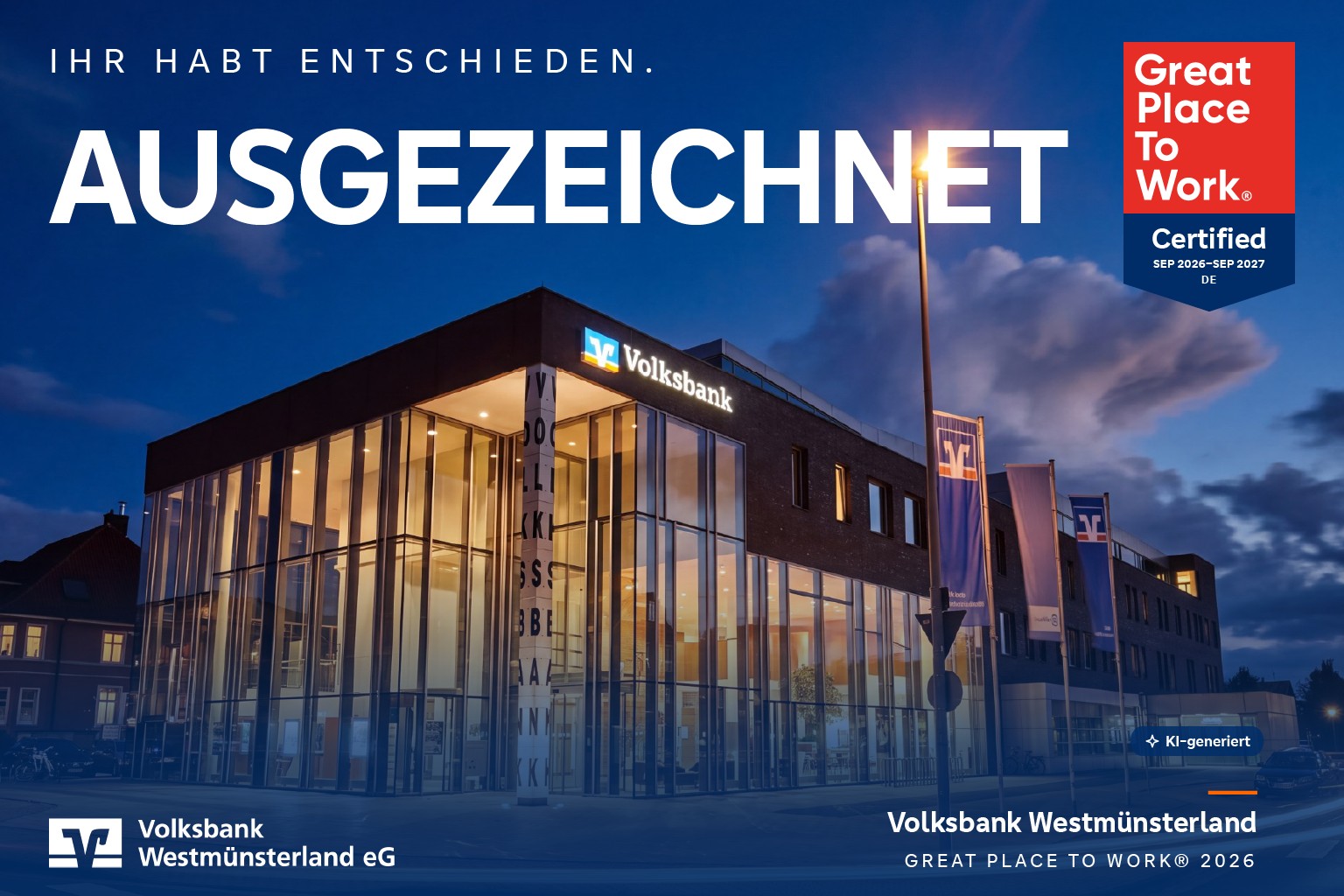 Ihr habt entschieden. Ausgezeichnet. – Volksbank Westmünsterland, Great Place to Work® Certified Sep 2026 – Sep 2027