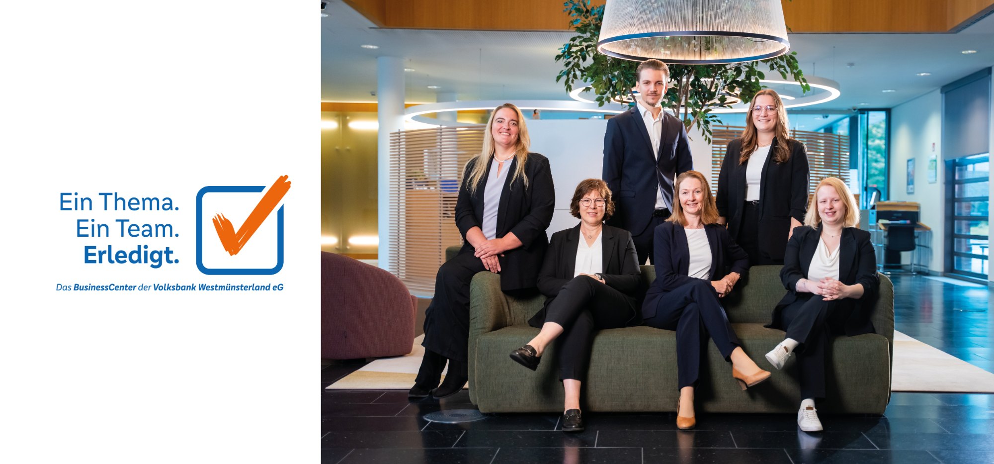 Beilagenkarte BusinessCenter – Vorderseite: Ein Thema. Ein Team. Erledigt. Das BusinessCenter der Volksbank Westmünsterland eG