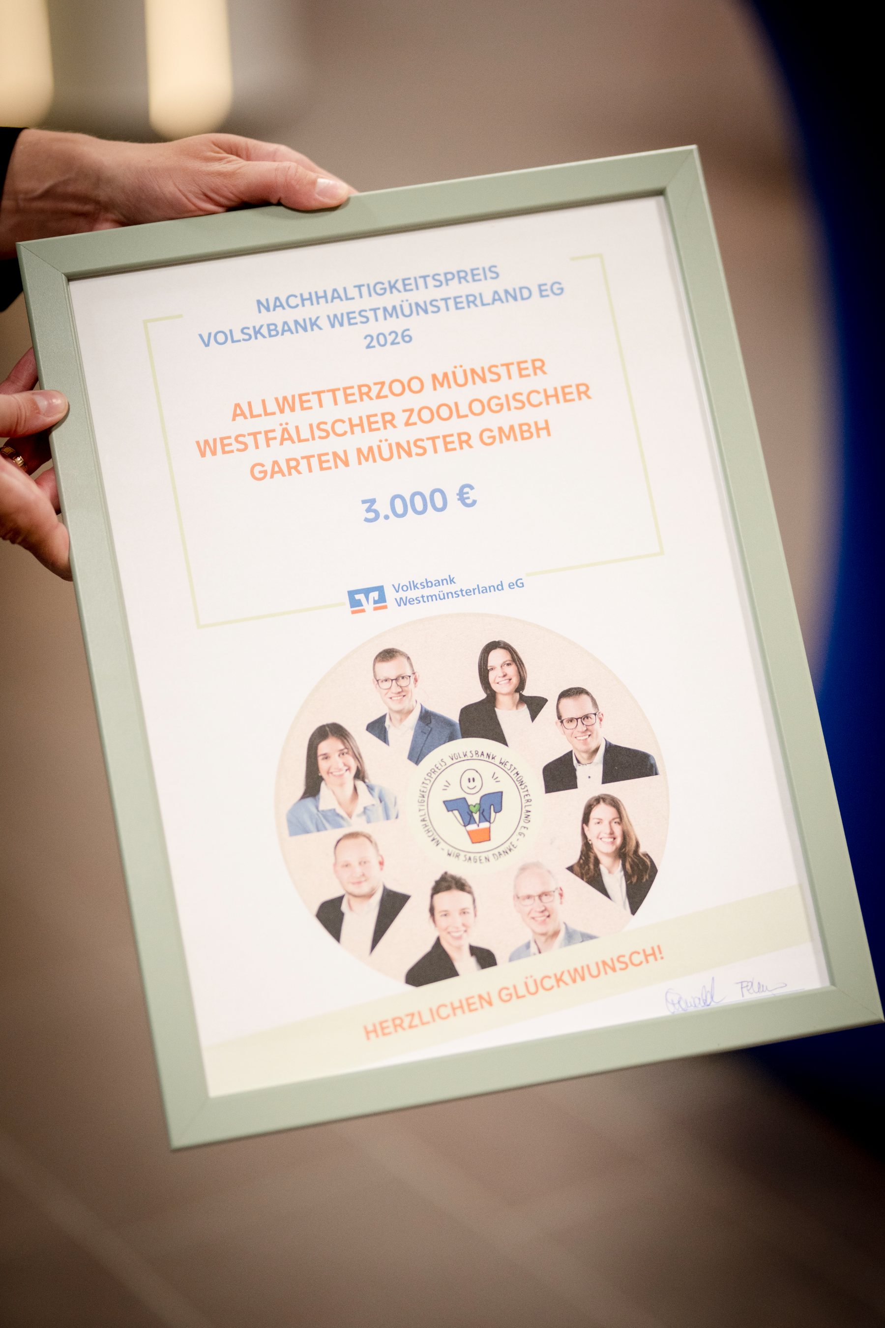 Urkunde des Nachhaltigkeitspreises 2026 für den Allwetterzoo Münster