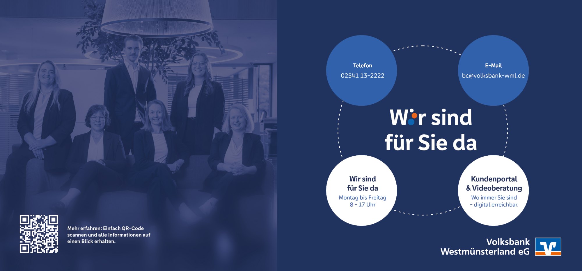 Beilagenkarte BusinessCenter – Rückseite: Wir sind für Sie da – Telefon, E-Mail, Öffnungszeiten, Kundenportal und Videoberatung